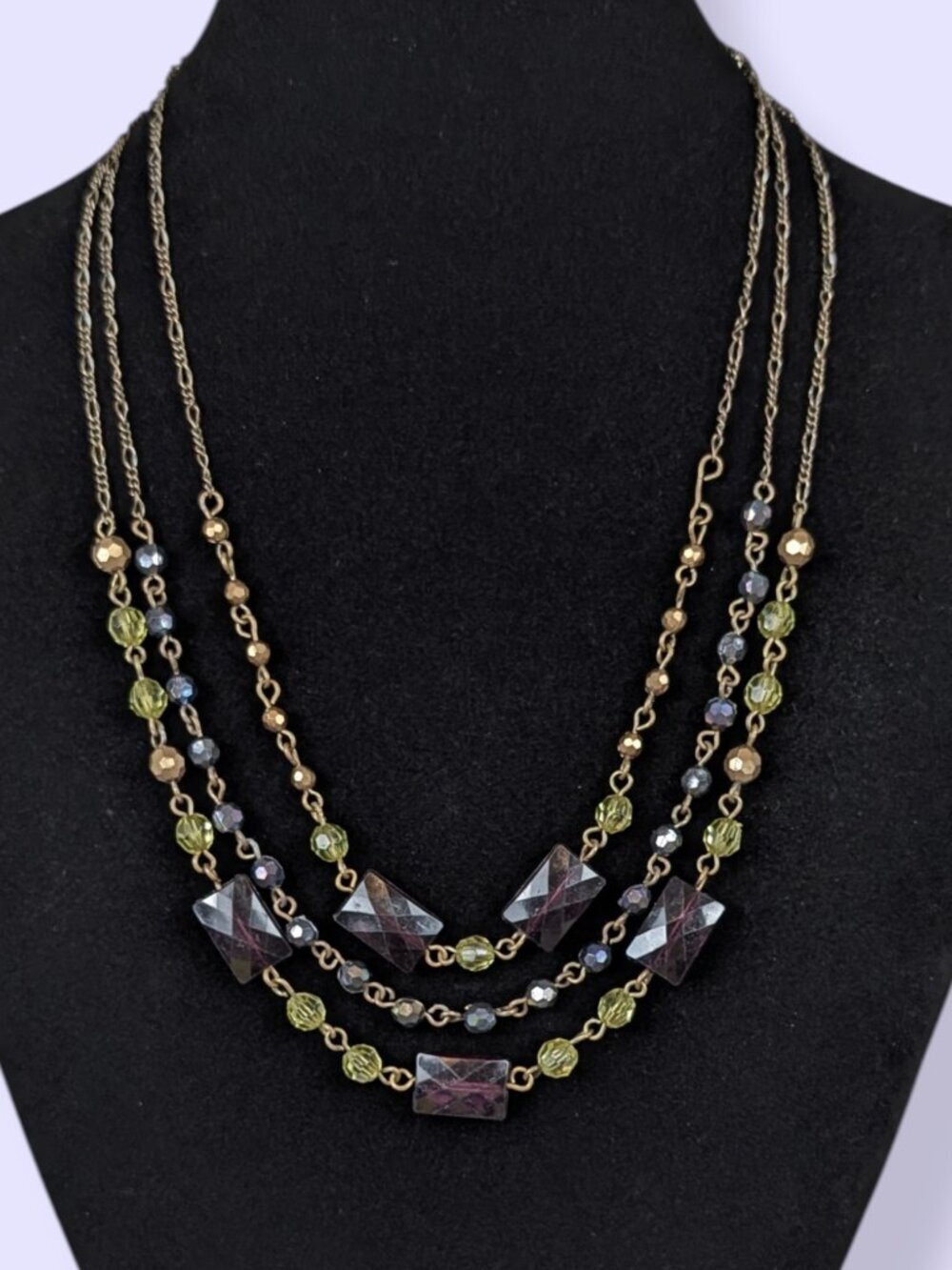 V. Avon 3-Strand Green & Purple Beaded Necklace